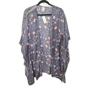 Japna Floral Kimono Cardigan Lightweight Open Front One Size Blue Red Boho 2436